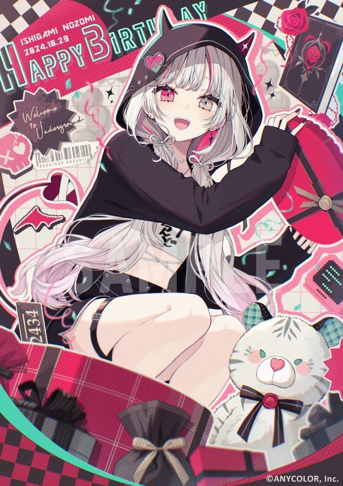 1girl akakura belt black_hoodie black_shorts box character_name dated earrings english_text gift gift_box grey_eyes grey_hair happy_birthday heterochromia hood hoodie ishigami_nozomi jewelry looking_at_viewer multicolored_hair nijisanji official_art open_mouth pink_eyes pink_hair sample_watermark shorts smile solo streaked_hair teeth thigh_belt thigh_strap upper_teeth_only virtual_youtuber watermark