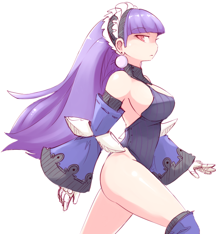 1girl bad_id bad_pixiv_id bare_shoulders breasts dark_eclair detached_sleeves earrings eclair_(la_pucelle) female_focus gloves hair_ornament hairband jewelry la_pucelle large_breasts leotard lolita_hairband long_hair one-piece_swimsuit profile purple_hair red_eyes sideboob simple_background solo swimsuit thighs walking white_background zako_(arvinry)