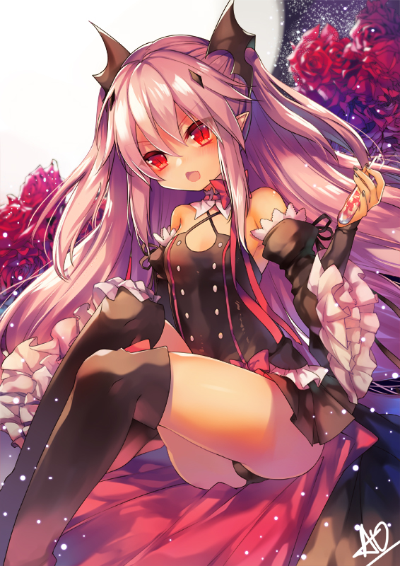 10s 1girl :o ao_jun bat_wings black_panties black_thighhighs boots detached_sleeves female_focus flower krul_tepes long_hair looking_at_viewer open_mouth owari_no_seraph panties pink_hair pointy_ears red_eyes rose slit_pupils solo thigh_boots thighhighs underwear vampire wings