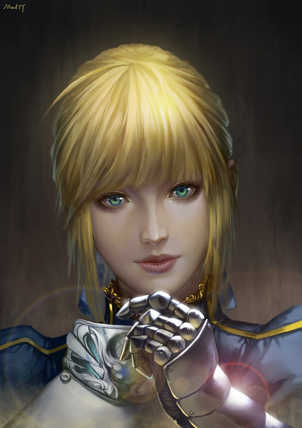 1girl ahoge armor artoria_pendragon_(all) artoria_pendragon_(fate) blonde_hair breastplate eyelashes fate/stay_night fate_(series) female_focus gauntlets green_eyes highres lens_flare lips looking_at_viewer madyy portrait saber_(fate) short_hair signature solo