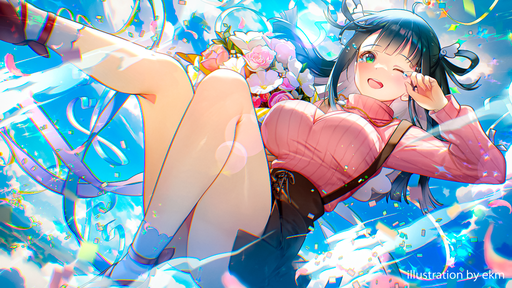 1girl amano_nene_(vtuber) artist_name black_hair black_skirt bouquet breasts cloud commission confetti ekm flower green_eyes holding holding_bouquet jewelry large_breasts long_hair long_sleeves necklace one_eye_closed open_mouth pink_flower pink_sweater production_kawaii ribbed_sweater skirt sky solo streamers suspender_skirt suspenders sweater tears virtual_youtuber white_flower wing_hair_ornament