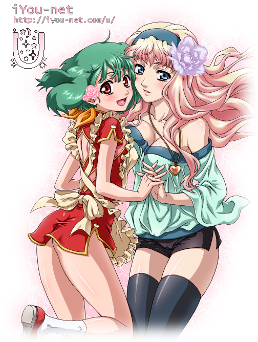 00s apron blonde_hair blue_eyes breasts china_dress chinese_clothes cleavage dress flower green_hair iyou large_breasts macross macross_frontier ranka_lee red_eyes sheryl_nome thighhighs yukkyun