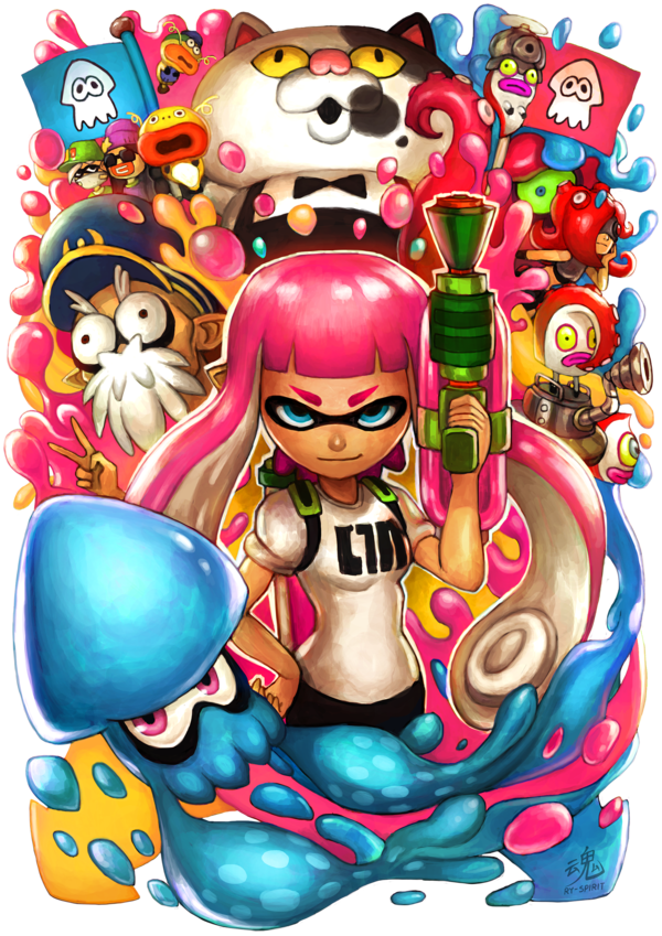 baseball_cap beanie bike_shorts callie_(splatoon) cap&#039;n_cuttlefish dj_octavio flag gloves goggles hat ink_tank_(splatoon) inkling inkling_girl inkling_player_character judd_(splatoon) long_hair marie_(splatoon) mask mouth_mask multiple_boys multiple_girls nintendo octarian_(enemy) octoball octocopter octotrooper pointy_ears red_hair ry-spirit smile splatoon_(series) splatoon_1 splattershot_(splatoon) spoilers squid sunglasses super_soaker takozonesu tentacle_hair v zapfish