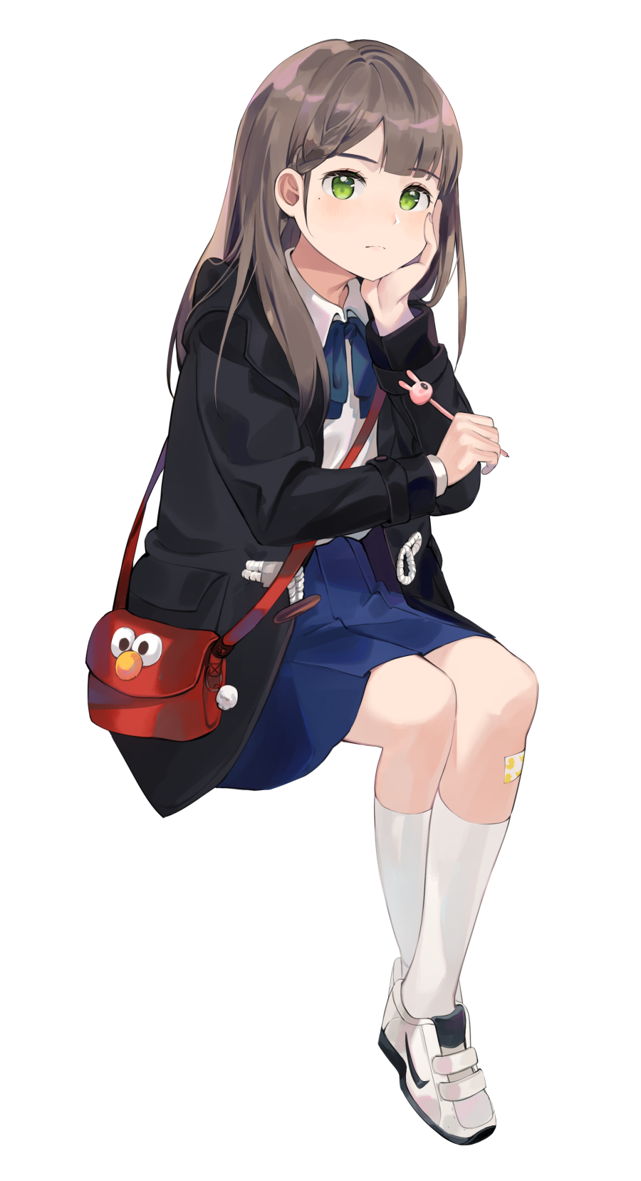 1girl bad_id bad_pixiv_id bag bandaid bandaid_on_knee bandaid_on_leg black_coat blue_ribbon blue_skirt blush brown_hair cherim closed_mouth coat collared_shirt elmo full_body green_eyes hand_on_own_cheek hand_on_own_face hand_up highres holding holding_pen invisible_chair kneehighs long_hair long_sleeves looking_at_viewer mole mole_under_eye neck_ribbon nike_(company) open_clothes open_coat original pen pleated_skirt ribbon sesame_street shirt shoes shoulder_bag sidelocks simple_background sitting skirt sneakers socks solo white_background white_footwear white_shirt white_socks