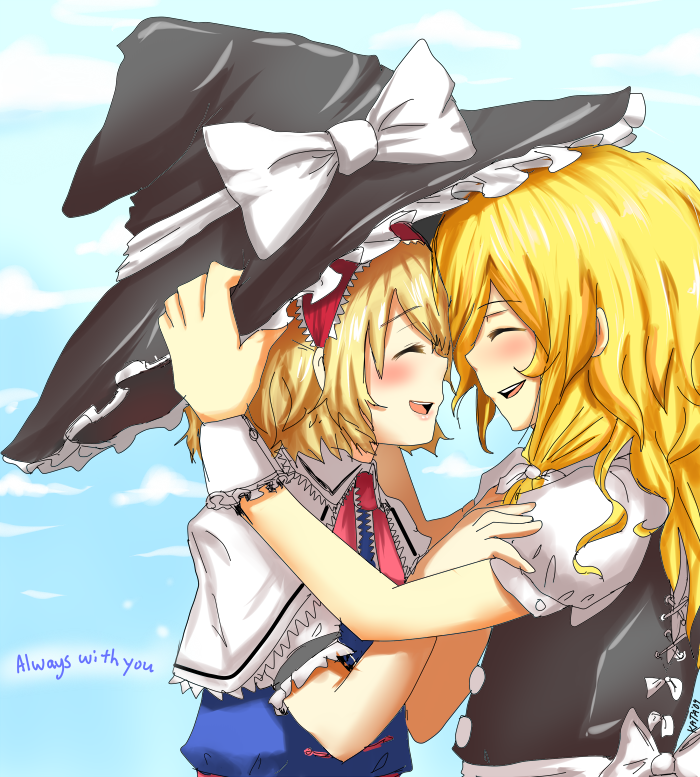 2girls alice_margatroid bad_anatomy bad_hands blonde_hair couple day dress english_text closed_eyes female_focus hair_ribbon hairband happy hat unworn_hat unworn_headwear kataro kirisame_marisa long_hair md5_mismatch multiple_girls poorly_drawn profile ribbon short_hair sky smile touhou witch witch_hat yuri