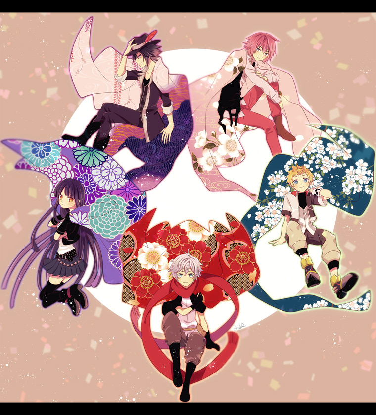 1girl 4boys anoko_(darenokoanoko) black_eyes black_gloves black_hair black_hat black_jacket black_skirt black_vest blue_eyes brain_(kingdom_hearts) brown_eyes ephemer_(kingdom_hearts) gloves grey_hair grey_pants haori hat hat_feather invisible_chair jacket japanese_clothes kingdom_hearts kingdom_hearts_x lauriam long_hair looking_at_viewer medium_hair multiple_boys pants pink_hair pink_pants pink_shirt pleated_skirt pointy_hair profile red_scarf scarf shirt short_hair simple_background sitting skirt skuld_(kingdom_hearts) ventus_(kingdom_hearts) vest white_shirt