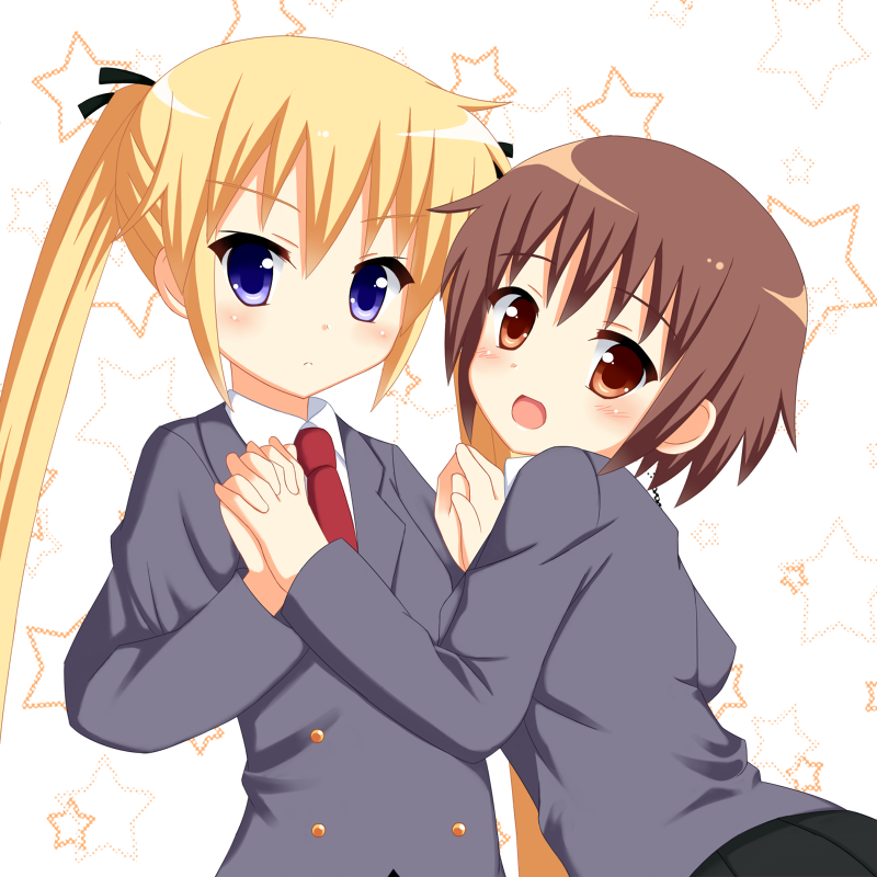 2girls bad_id bad_pixiv_id blonde_hair blue_eyes blush borubomu brown_eyes brown_hair hair_ribbon holding_hands interlocked_fingers kill_me_baby looking_at_viewer multiple_girls necktie open_mouth oribe_yasuna red_necktie ribbon school_uniform short_hair sonya_(kill_me_baby) star_(symbol) twintails