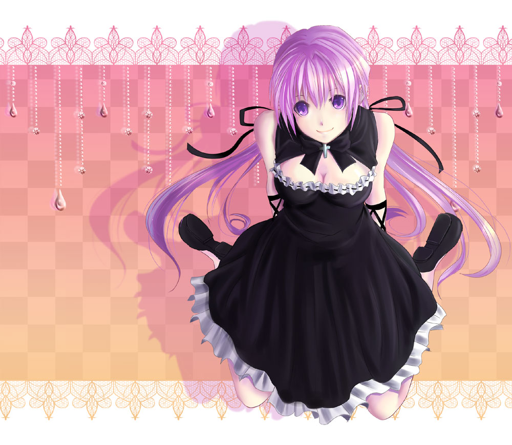 00s 1girl breasts cleavage dress female_focus full_body gradient_background happy long_hair monochrome_factor purple_eyes purple_hair shinrin_kusaba smile solo twintails white_background