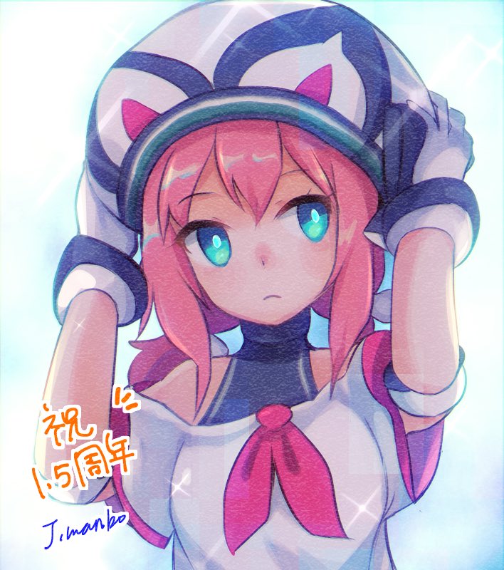 1girl adjusting_clothes adjusting_headwear aqua_eyes arms_up artist_name backlighting bare_shoulders black_one-piece_swimsuit blue_background blue_sky blush breasts bright_pupils day female_focus hair_ribbon hat japanese_text jpeg_artifacts light_blush long_hair looking_to_the_side neckerchief off-shoulder_shirt off_shoulder official_alternate_costume one-piece_swimsuit outdoors pink_hair red_neckerchief ribbon sera_(world_flipper) shirt short_sleeves sidelocks signature simple_background sky small_breasts solo sparkle swimsuit swimsuit_under_clothes translation_request trutsmn twintails upper_body white_ribbon white_shirt world_flipper