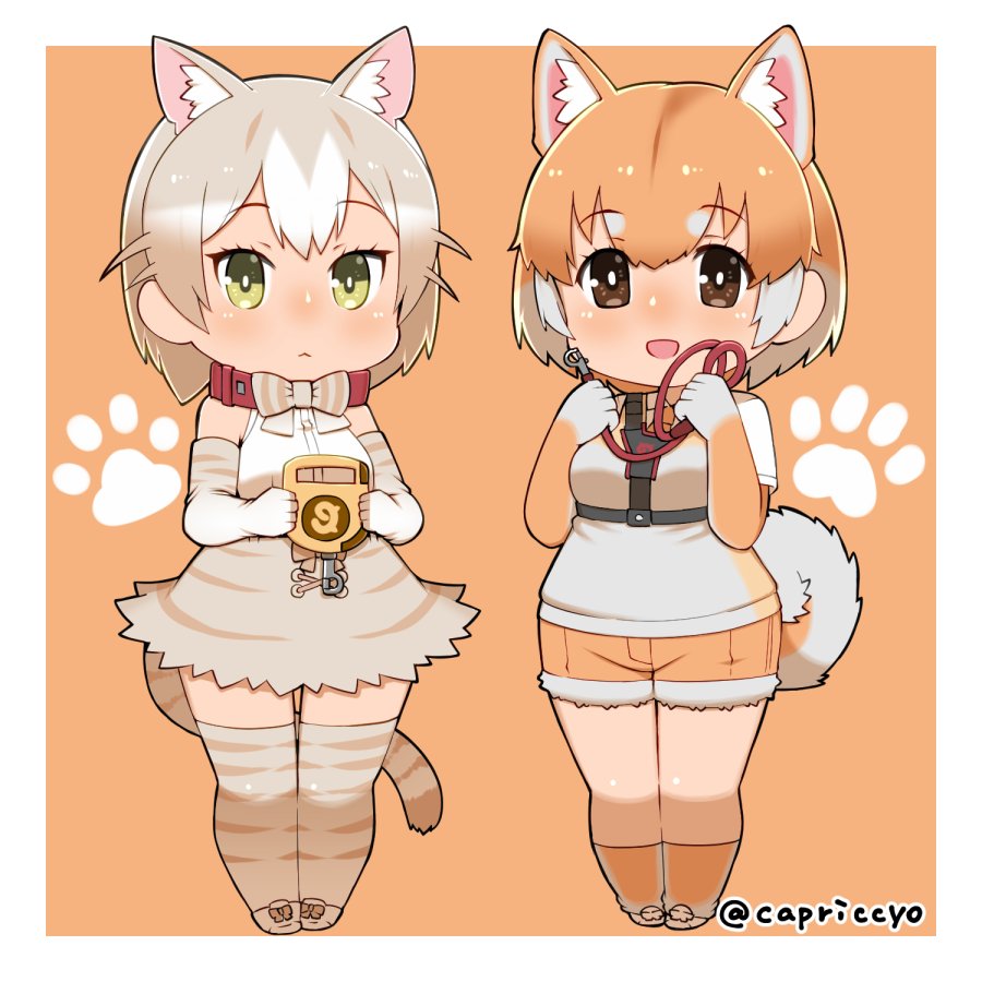 10s 2girls :&lt; :d animal_ear_fluff animal_ears bow bowtie brown_eyes capriccyo cat_(kemono_friends) cat_ears cat_girl cat_tail chibi collar commentary_request dog_(shiba_inu)_(kemono_friends) dog_ears extra_ears closed_eyes fur-trimmed_shorts fur_trim green_eyes grey_hair kemono_friends leash looking_at_viewer multicolored_hair multiple_girls open_mouth orange_background orange_hair paw_print short_hair shorts simple_background smile tail thighhighs twitter_username two-tone_hair white_hair