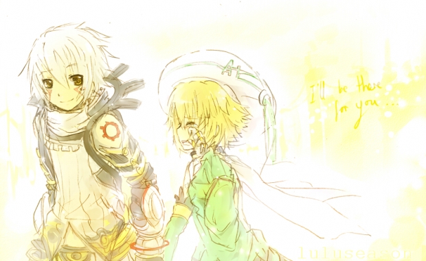 .hack// .hack//g.u. 00s 1boy 1girl artist_request atoli bandai blonde_hair cyber_connect_2 english_text haseo haseo_(.hack//) hat short_hair smile white_hair