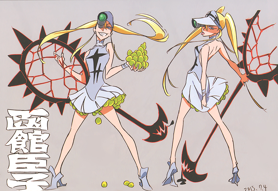 10s 1girl ball blonde_hair character_sheet dress grin hakodate_omiko kill_la_kill long_hair official_art scope short_dress simple_background smile sushio tennis_ball twintails very_long_hair visor_cap