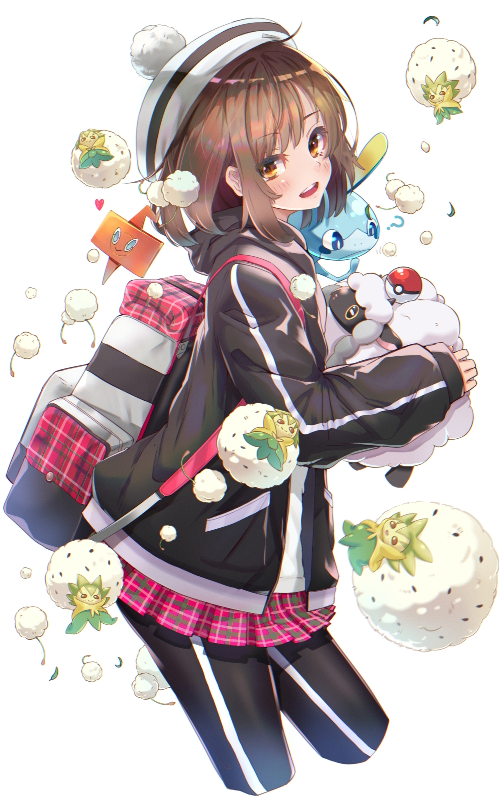 1girl ? alternate_color backpack bag blush brown_eyes brown_hair commentary_request creatures_(company) eldegoss game_freak gen_4_pokemon gen_8_pokemon gloria_(pokemon) hat heart highres holding holding_pokemon long_sleeves looking_at_viewer nintendo open_mouth plaid_clothes plaid_skirt pleated_skirt pokemon pokemon_(creature) pokemon_swsh rotom rotom_phone rur_(ml_ruru) skirt sobble tam_o&#039;_shanter teeth tongue wooloo