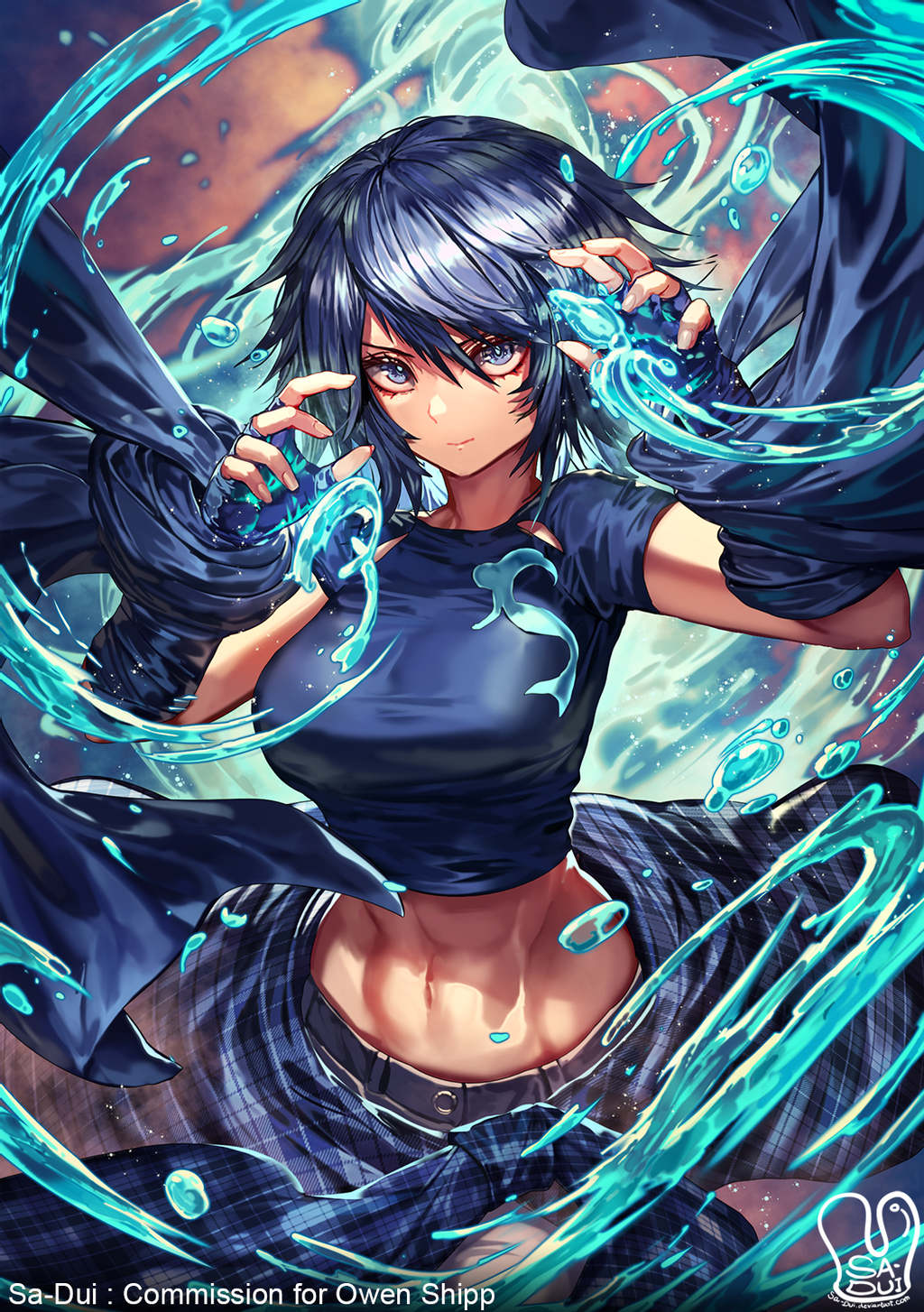 1girl abs artist_logo artist_name belt blue_eyes blue_gloves blue_hair blue_shirt blue_skirt breasts character_request closed_mouth clothing_cutout commentary commission copyright_request cowboy_shot crop_top english_commentary english_text fingerless_gloves gloves hair_between_eyes highres hydrokinesis logo long_hair looking_at_viewer md5_mismatch midriff navel plaid_clothes plaid_skirt resolution_mismatch sa-dui shirt short_hair short_sleeves signature skirt solo source_larger stomach taut_clothes taut_shirt toned water water_drop white_legwear