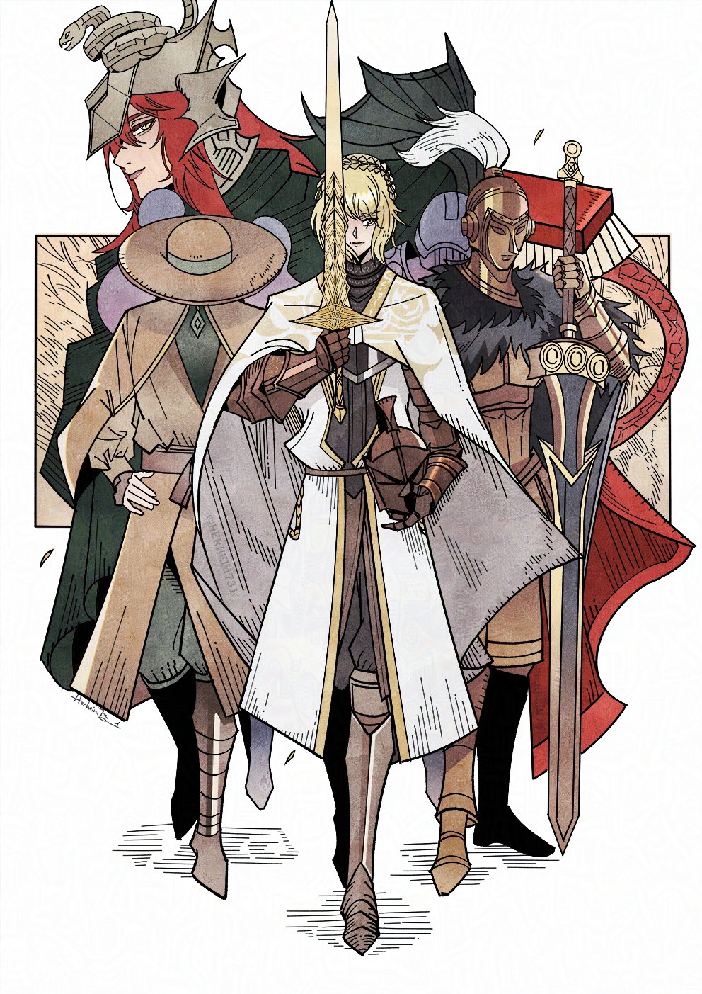 2boys 2girls armor blonde_hair braid brown_capelet cape capelet closed_mouth commentary crown_braid dryleaf_dane elden_ring english_commentary full_armor fur_cape gauntlets greaves hat helm helmet herheim highres holding holding_sword holding_weapon long_hair messmer_the_impaler multiple_boys multiple_girls needle_knight_leda redmane_freyja simple_background snake sword unworn_headwear unworn_helmet weapon white_background white_cape winged_helmet yellow_eyes