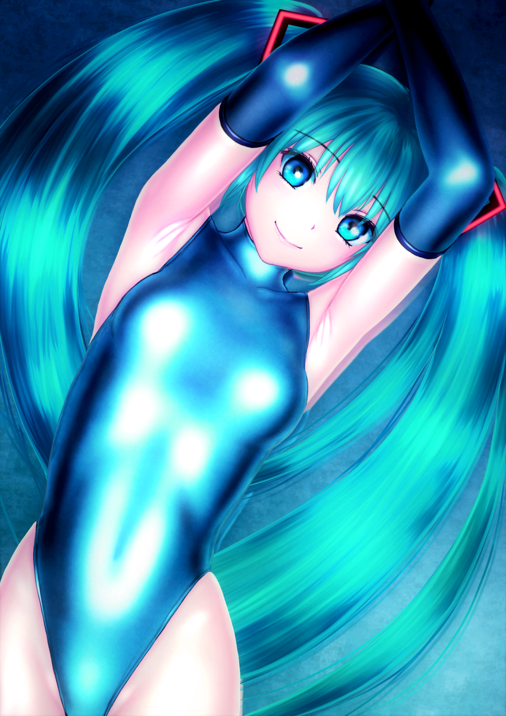 1girl akahige aqua_eyes aqua_hair armpits elbow_gloves female_focus gloves hatsune_miku highleg highleg_one-piece_swimsuit highres long_hair looking_at_viewer one-piece_swimsuit solo swimsuit turtleneck twintails vocaloid