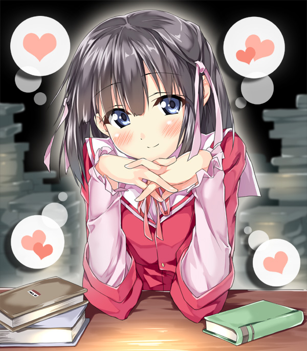 1girl black_hair blue_eyes blush book female_focus hair_ribbon head_rest heart kami_nomi_zo_shiru_sekai kantoku_(style) looking_at_viewer own_hands_clasped own_hands_together piromizu ribbon school_uniform shiomiya_shiori short_hair sitting smile solo