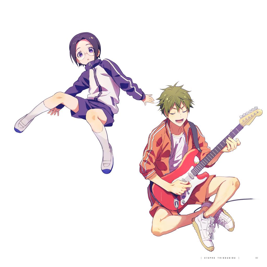 2boys akiyama_hayato black_hair blue_shorts child closed_eyes electric_guitar fingernails glasses green_hair guitar hair_between_eyes idolmaster idolmaster_side-m indian_style instrument legs long_sleeves lower_teeth_only male_focus map_(map_imas) multiple_boys music okamura_nao open_mouth playing_instrument purple_eyes shirt shoelaces shoes shorts sitting sleeves_rolled_up sneakers socks teeth white_background white_footwear white_shirt