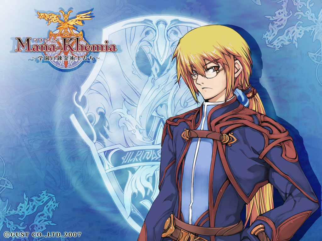 00s 1boy 2007 alchemy atelier_(series) bishounen blonde_hair blue_background brown_eyes gust long_hair male_focus mana_khemia mana_khemia_(series) official_art official_wallpaper roxis_rosenkranz solo yoshizumi_kazuyuki