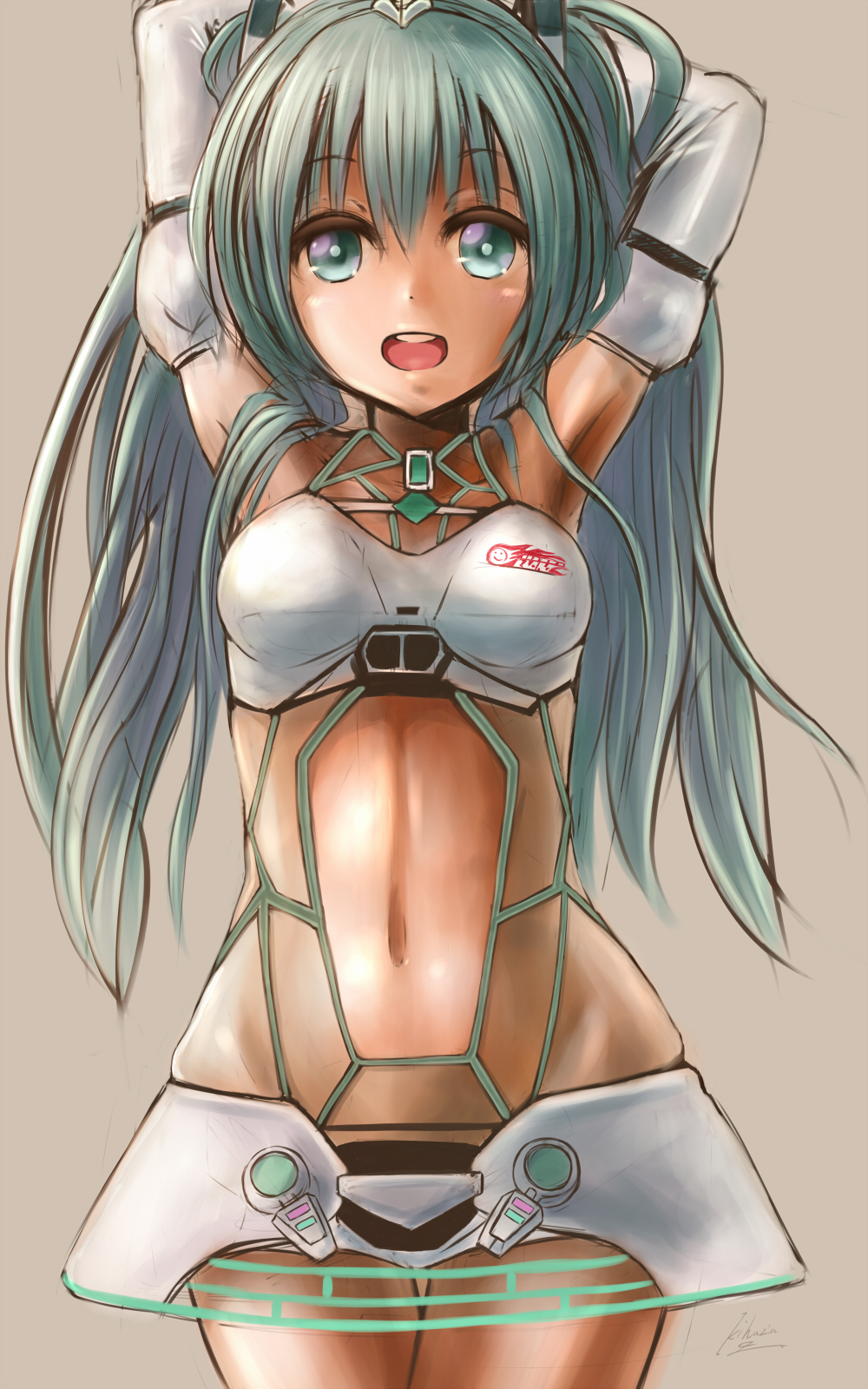 1girl abs aqua_eyes aqua_hair cowboy_shot elbow_gloves female_focus gloves goodsmile_company goodsmile_racing hatsune_miku highres kihuzinz long_hair navel race_queen racing_miku racing_miku_(2012) skirt solo twintails very_long_hair vocaloid