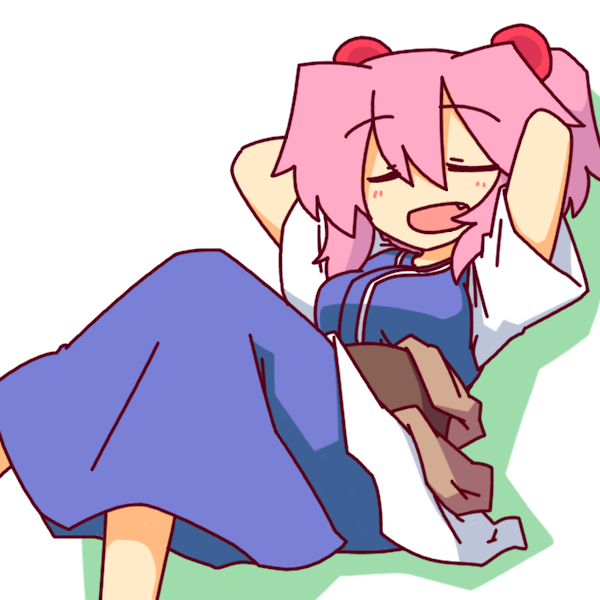 1girl arms_behind_head closed_eyes fang hair_bobbles hair_ornament japanese_clothes kakinoki_mikan_(kari) kimono crossed_legs obi onozuka_komachi open_mouth pink_hair sash short_sleeves sleeping touhou two_side_up