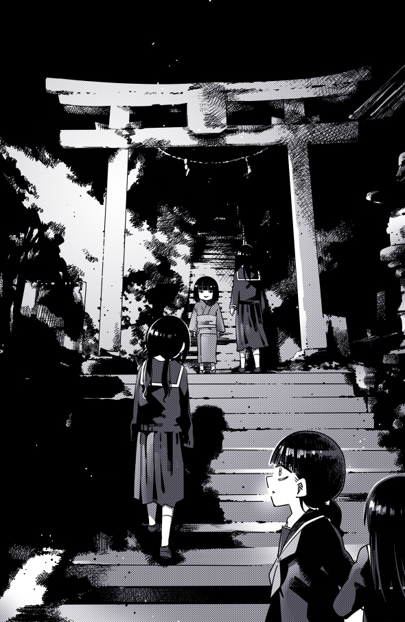 5girls blunt_bangs greyscale horror_(theme) japanese_clothes kimono long_hair long_sleeves monochrome multiple_girls obi original ponytail sandals sash school_uniform shoes short_hair socks tokomichi torii