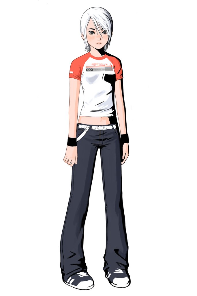 another_code ashley_mizuki_robbins black_eyes cing flat_chest grey_eyes midriff nintendo official_art raglan_sleeves short_hair solo standing white_hair