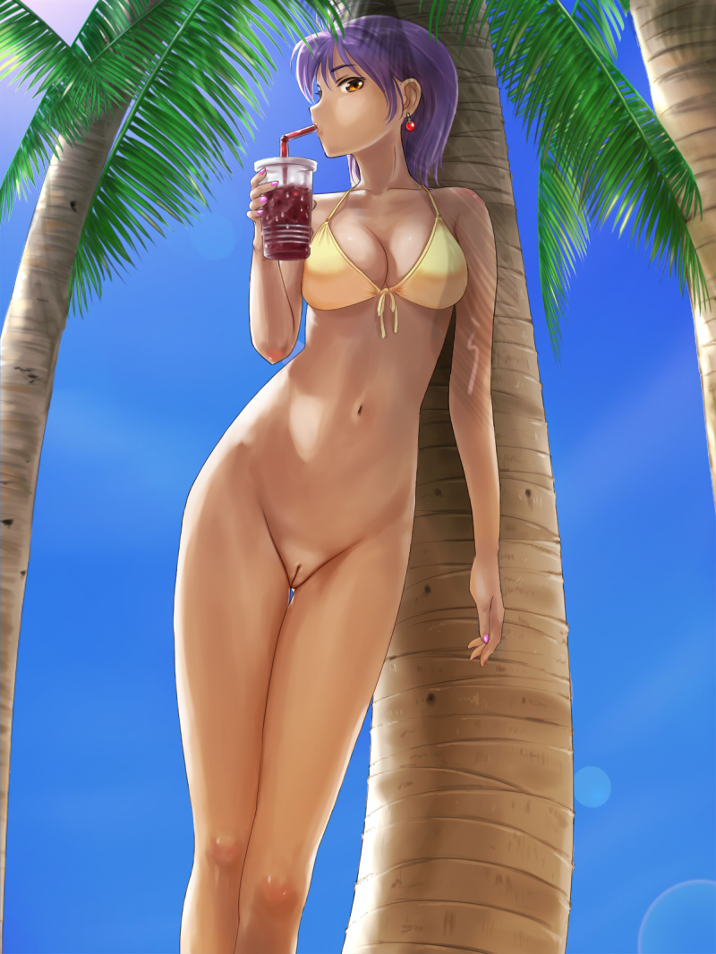 1girl bikini bikini_top_only bottomless breasts cleft_of_venus day drink drinking drinking_straw earrings female_focus front-tie_bikini_top front-tie_top jewelry large_breasts lens_flare medium_breasts nail_polish orange_eyes original outdoors palm_tree pink_nails purple_hair pussy rasukaru short_hair sky solo sun_tattoo swimsuit tan tan_tattoo tanline tattoo tree uncensored yellow_bikini