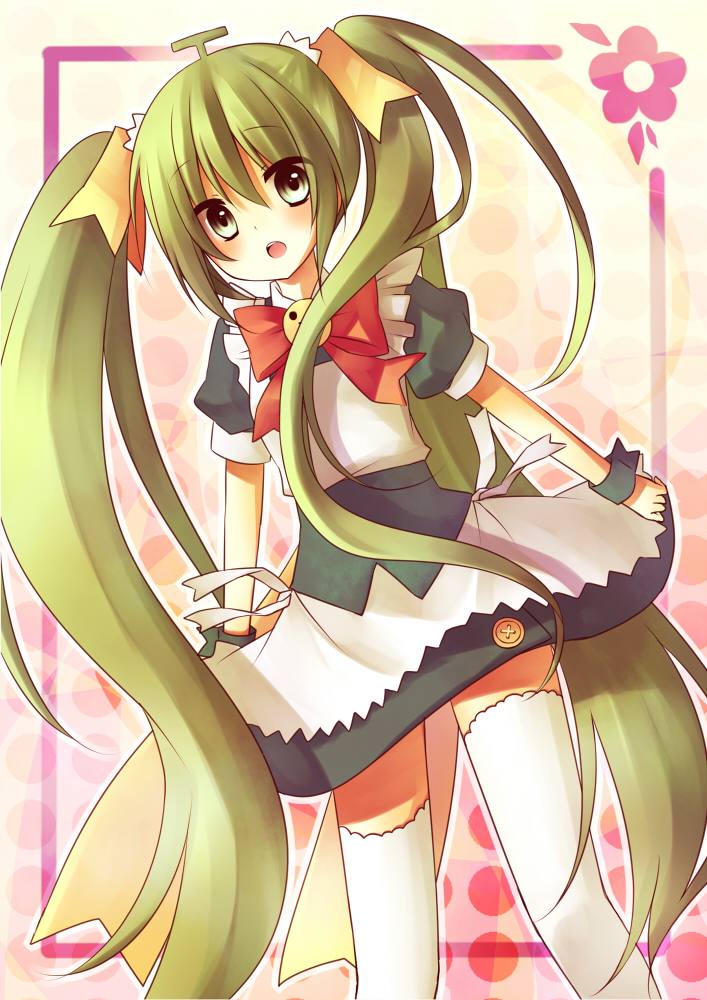 1girl amane_kurumi bad_id bad_pixiv_id bow female_focus flower green_eyes green_hair hair_ribbon long_hair matching_hair/eyes melon-chan melonbooks ribbon solo thighhighs twintails very_long_hair white_thighhighs yellow_bow zettai_ryouiki