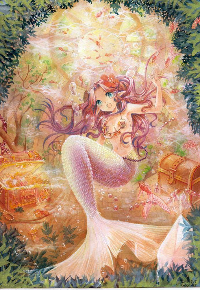 1girl aqua_eyes female_focus fish flower gold hair_flower hair_ornament jewelry long_hair mermaid monster_girl mosho open_mouth original painting_(medium) pink_hair pointy_ears shell shell_bikini smile solo traditional_media treasure treasure_chest underwater very_long_hair watercolor_(medium)