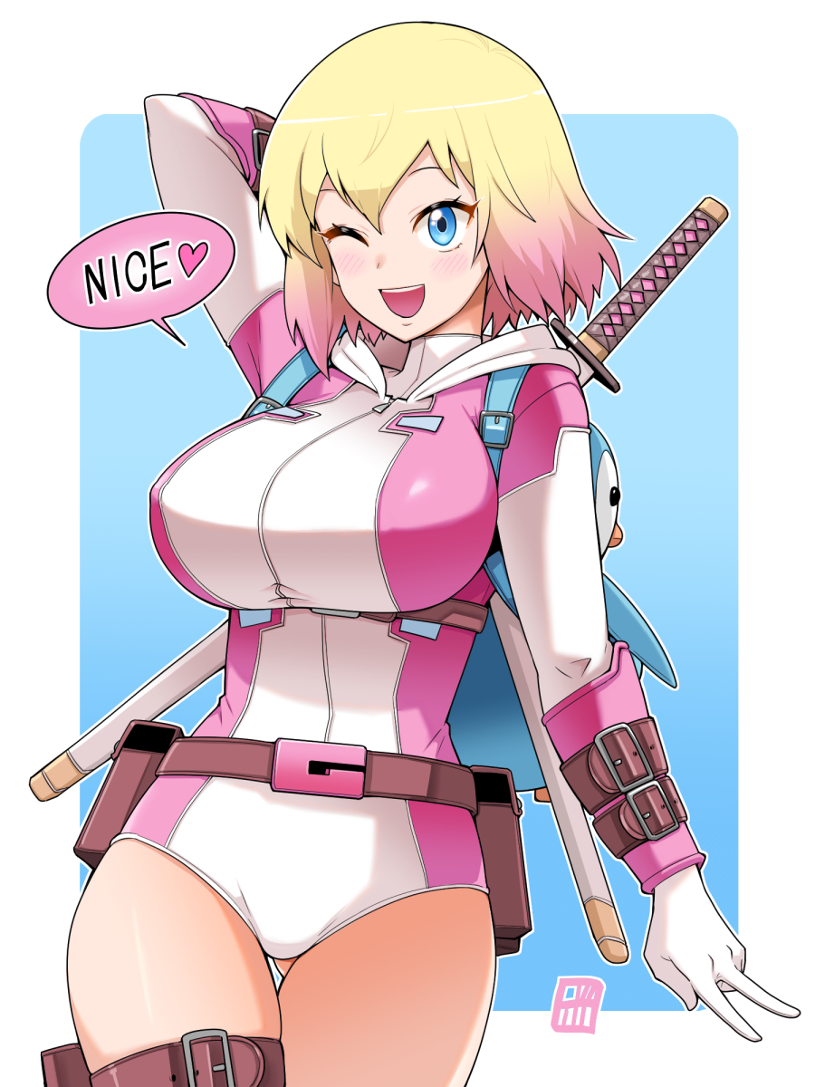 backpack bag blonde_hair blue_eyes bowieknife breasts english_text gwenpool highres katana large_breasts marvel multicolored_hair pink_hair simple_background sword two-tone_hair weapon