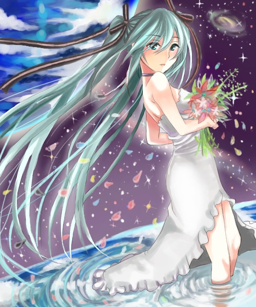 1girl aqua_eyes aqua_hair bad_id bad_pixiv_id bare_shoulders dress female_focus flower hair_ribbon hatsune_miku long_hair oka outdoors petals plant ribbon sky solo twintails very_long_hair vocaloid wading