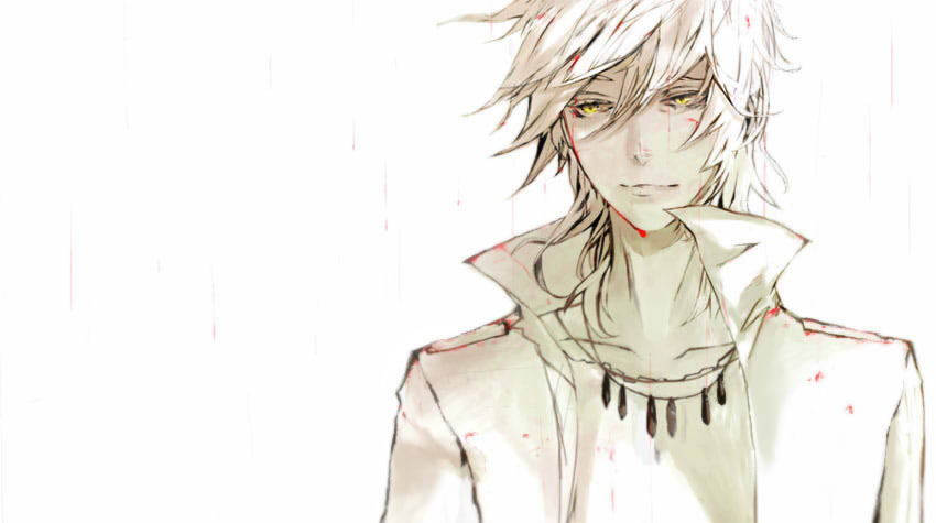 0imim 10s 1boy bad_id bad_pixiv_id blood jewelry makishima_shougo male_focus necklace popped_collar psycho-pass rain short_hair solo white_theme yellow_eyes