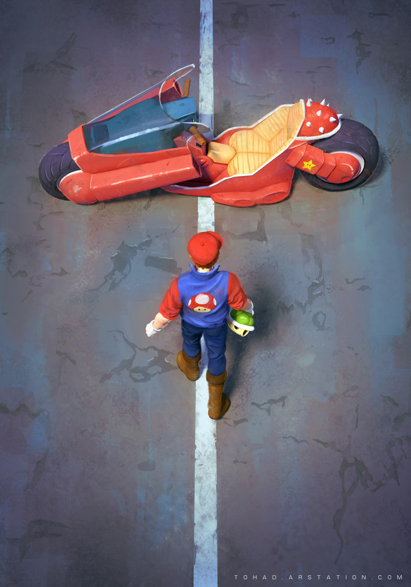 1boy akira_(manga) boots clothing_request commentary crack cracked_floor cyberpunk facing_away from_behind gloves green_shell_(mario) highres looking_away male_focus mario motor_vehicle motorcycle mushroom nintendo parody pavement redrawn road shell solo standing star_(symbol) super_mushroom super_star_(mario) sylvain_sarrailh tagme watermark web_address white_gloves