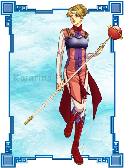 1girl aqua_background armor blonde_hair blue_eyes boots bridal_gauntlets broken-land character_name female_focus full_body gensou_suikoden gensou_suikoden_iv hair_up headband katarina_(suikoden) konami short_hair skinny solo staff standing standing_on_one_leg