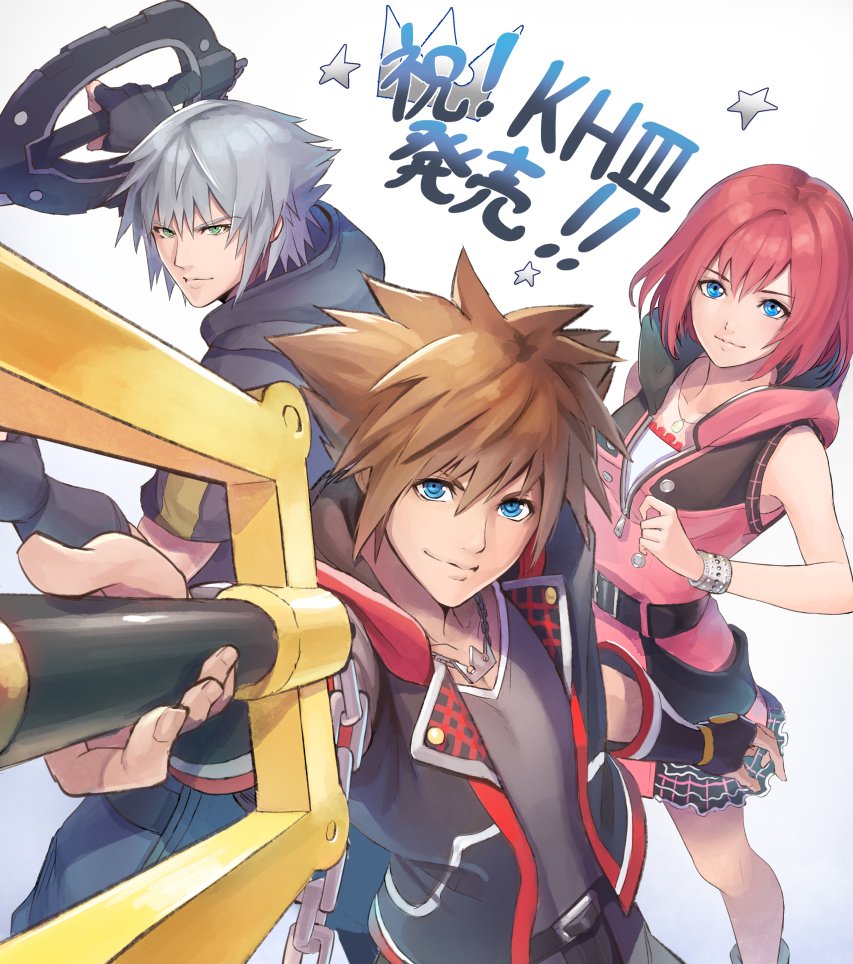 1girl 2boys blue_eyes breasts brown_hair closed_mouth dress fingerless_gloves gloves gogo_(detteiu_de) green_eyes hood jewelry kairi_(kingdom_hearts) keyblade kingdom_hearts kingdom_hearts_iii looking_at_viewer multiple_boys necklace red_hair riku_(kingdom_hearts) short_hair silver_hair simple_background sleeveless smile sora_(kingdom_hearts) spiked_hair symbol-only_commentary weapon white_background