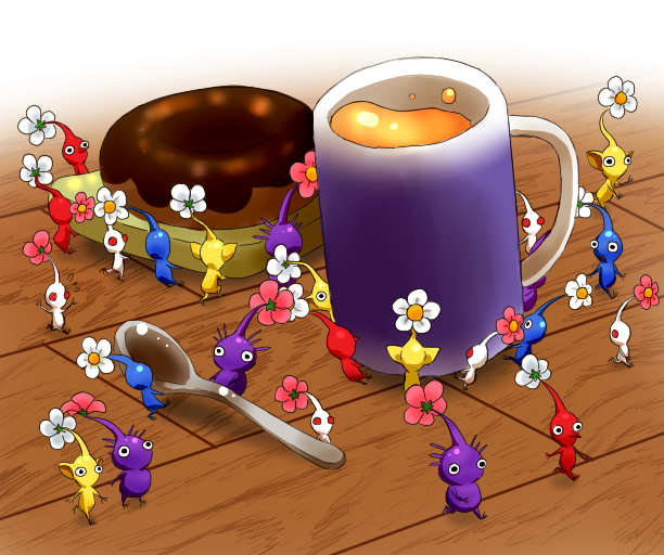 black_eyes blue_pikmin blue_skin carrying colored_skin commentary_request cup doughnut drink flower food mug nintendo no_humans no_mouth oversized_food oversized_object pikmin_(creature) pikmin_(series) pink_flower pointy_nose purple_hair purple_pikmin purple_skin red_eyes red_pikmin red_skin short_hair solid_circle_eyes spoon triangle_mouth very_short_hair white_flower white_pikmin white_skin wooden_floor yamato_koara yellow_pikmin yellow_skin