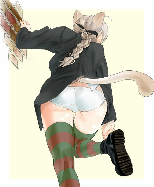 1girl adjusting_clothes adjusting_shoe ahoge animal_ears ass black_ribbon braid brick brick_wall cat_ears cat_tail female_focus hair_ribbon kneepits leg_up light_brown_hair long_hair long_sleeves lynette_bishop panties ribbon shoes single_braid solo strike_witches striped_clothes striped_thighhighs tail thighhighs underwear uno_ichi white_panties world_witches_series