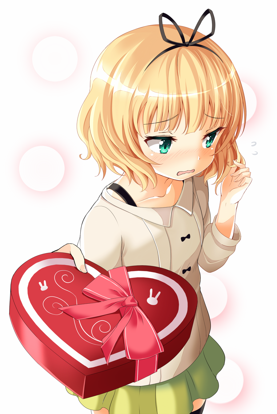 1girl aqua_eyes averting_eyes black_thighhighs blonde_hair blouse blunt_bangs blush box collarbone cowboy_shot embarrassed female_focus flying_sweatdrops from_above gift gift_box gochuumon_wa_usagi_desu_ka? green_skirt hairband heart-shaped_box highres incoming_gift kirima_syaro long_sleeves pink_ribbon ribbon samnedar shirt short_hair skirt solo strap thighhighs twirling_hair valentine wavy_mouth white_background white_shirt zettai_ryouiki