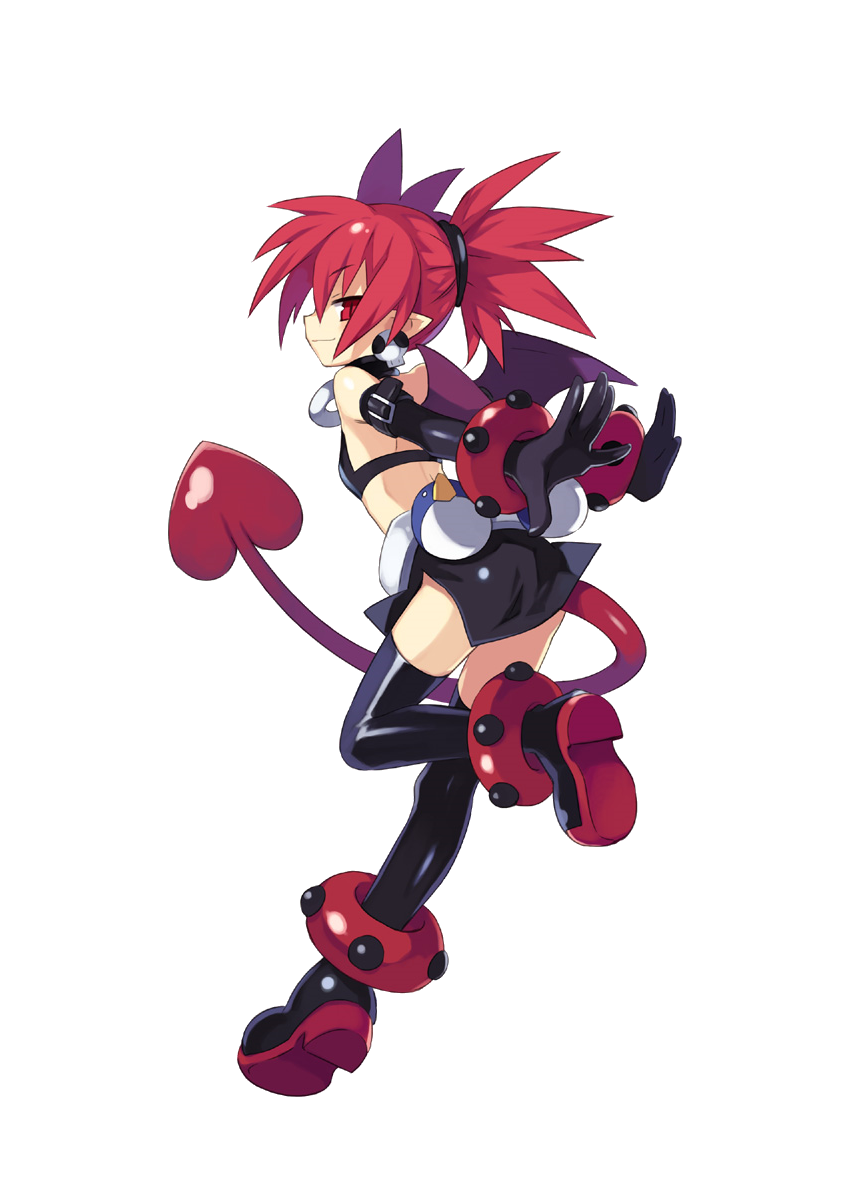 1girl black_gloves demon_girl demon_tail demon_wings disgaea earrings elbow_gloves etna_(disgaea) full_body gloves highres jewelry official_art pointy_ears red_eyes red_hair skull_earrings slit_pupils solo tail transparent_background trinity_universe tsunako twintails wings