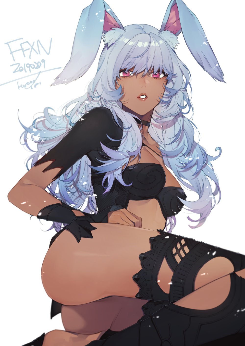 1girl animal_ears ass black_thighhighs breasts choker cleavage_cutout clothing_cutout copyright_name dark-skinned_female dark_skin dated final_fantasy final_fantasy_xiv highres kurono_yuu lips long_hair looking_at_viewer parted_lips pink_eyes silver_hair simple_background small_breasts solo thighhighs viera wrist_cuffs