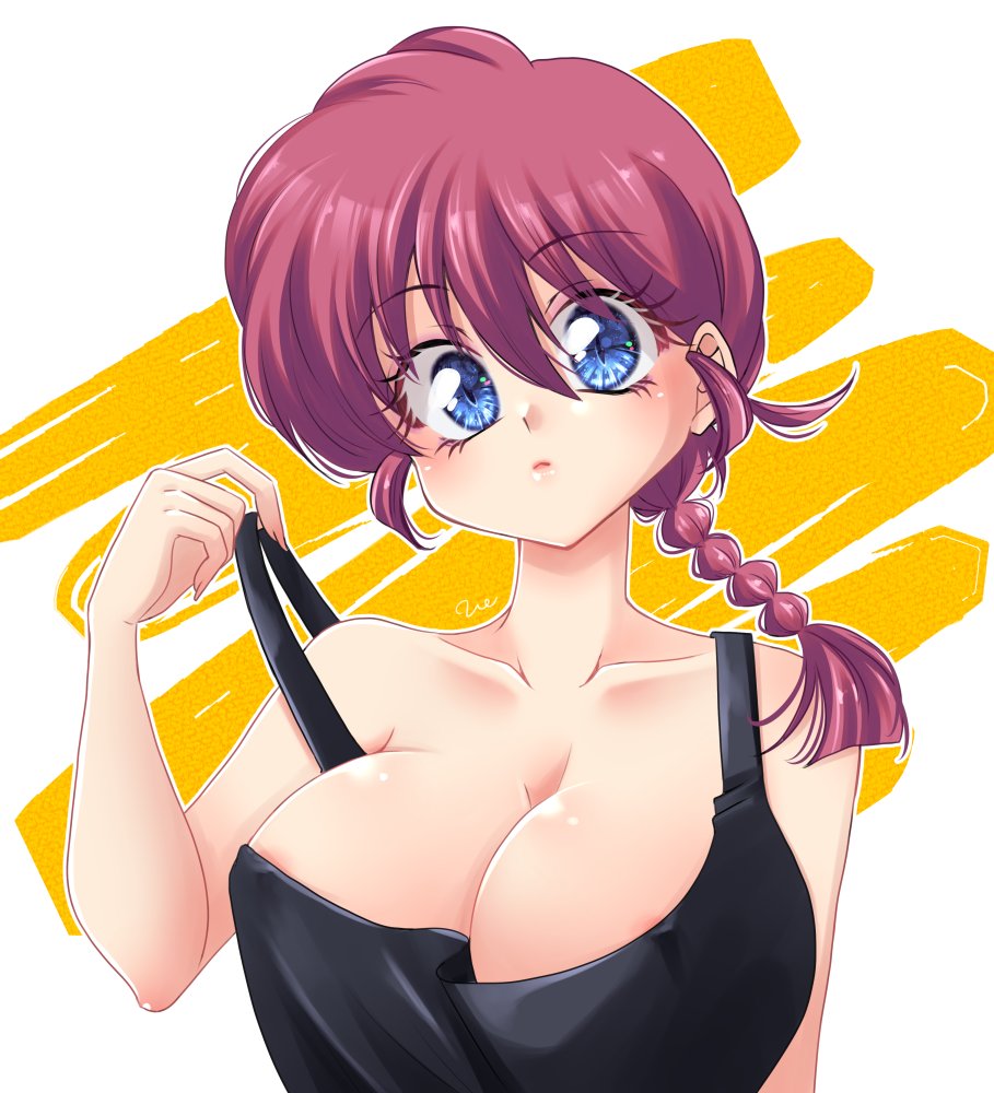 1girl blue_eyes braid braided_ponytail breasts cleavage closed_mouth covered_erect_nipples eyelashes fingernails head_tilt large_breasts long_fingernails medium_hair ranma-chan ranma_1/2 red_hair simple_background solo uehara_doh white_background