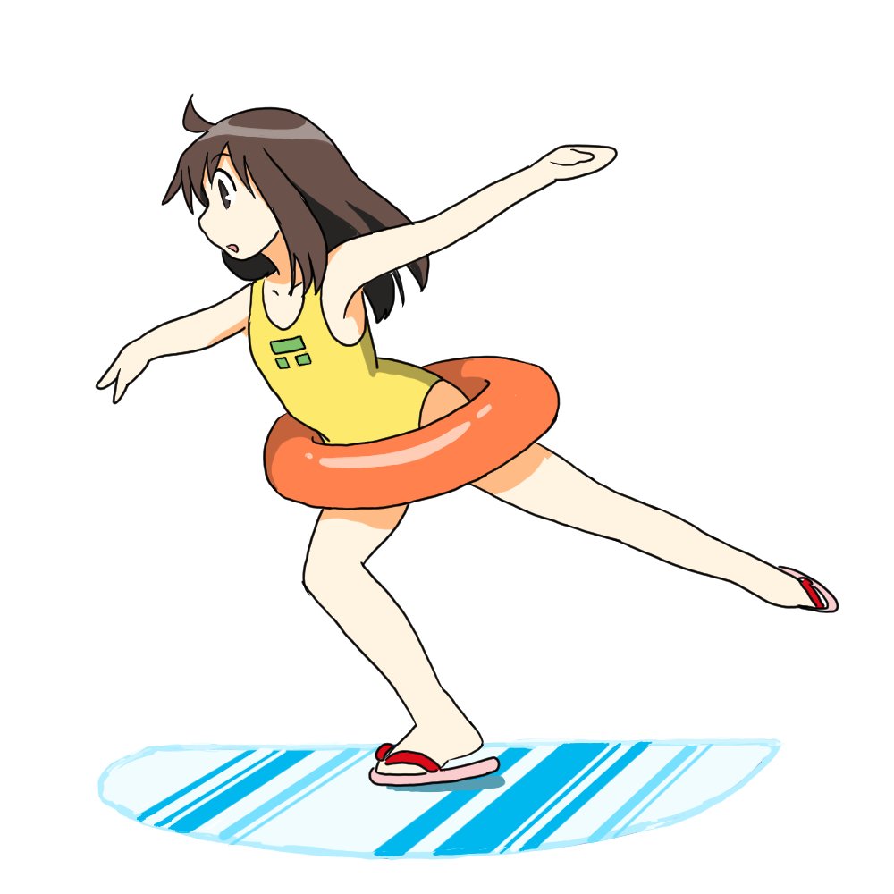 1girl ahoge azumanga_daiou brown_hair flip-flops full_body ice ice_skating kasuga_ayumu looking_to_the_side one-piece_swimsuit open_mouth orange_innertube outstretched_arms sandals skating solo spread_arms swimsuit yellow_one-piece_swimsuit