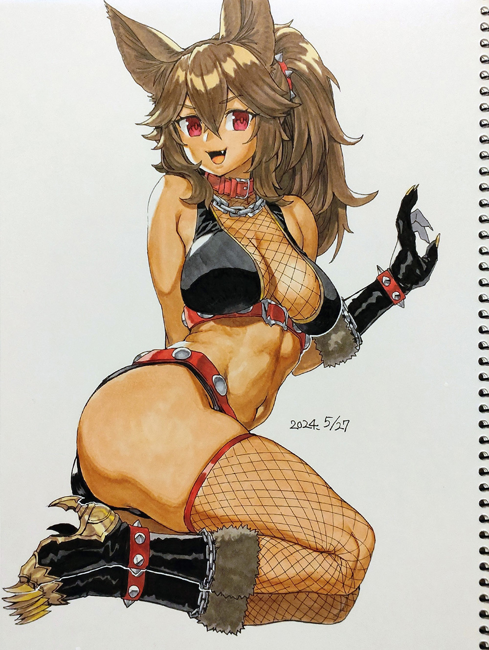 1girl :d animal_ears bracelet breasts brown_hair cerberus_(houtengeki) claws cleavage commentary_request fang fishnets gradient_background grey_background hair_between_eyes highres houtengeki jewelry looking_at_viewer medium_breasts medium_hair open_mouth original ponytail red_eyes smile solo spiked_bracelet spikes traditional_media