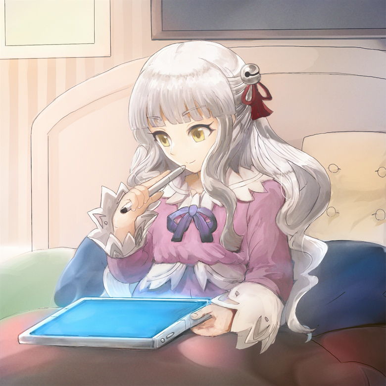 1girl azure_striker_gunvolt azure_striker_gunvolt_2 bed blunt_bangs byte_(grunty-hag1) closed_mouth commentary_request dress grey_hair hair_ornament holding holding_pen long_hair long_sleeves mytyl_(gunvolt) on_bed pen pillow pink_dress smile solo wavy_hair yellow_eyes