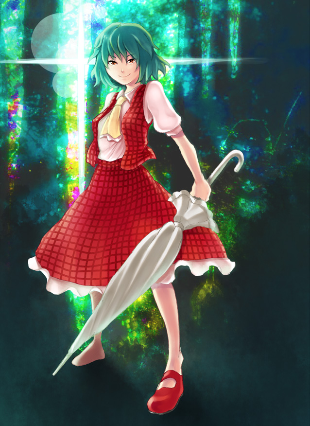 1girl checkered_clothes checkered_skirt checkered_vest closed_umbrella female_focus green_hair kazami_yuuka parasol red_eyes short_hair skirt solo touhou umbrella vest