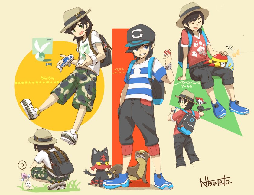 1boy ? backpack bad_id bad_twitter_id bag baseball_cap black_hair black_hat black_theme camouflage camouflage_shorts capri_pants charm_(object) closed_eyes creatures_(company) elio_(pokemon) game_freak gen_7_pokemon grey_eyes grin grubbin hand_in_pocket hat holding holding_poke_ball litten male_focus morelull multiple_views natsuno_hamuto nintendo pants pikipek poke_ball poke_ball_(basic) pokemon pokemon_(creature) pokemon_sm red_shirt shirt shoes short_hair shorts signature sitting smile sneakers spoken_question_mark squatting striped_clothes striped_shirt swept_bangs t-shirt trilby white_shirt wishiwashi wishiwashi_(solo) yungoos z-ring