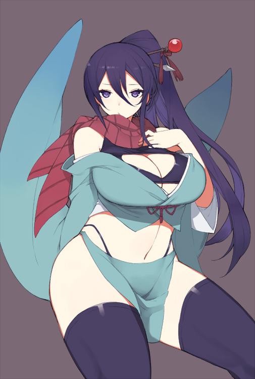 1girl bad_id bad_twitter_id bare_shoulders breasts character_request cleavage cleavage_cutout clothing_cutout curvy female_focus hair_ornament huge_breasts k_(li) long_hair looking_at_viewer midriff navel ponytail purple_eyes purple_hair scarf solo standing thick_thighs thighhighs thighs wide_hips