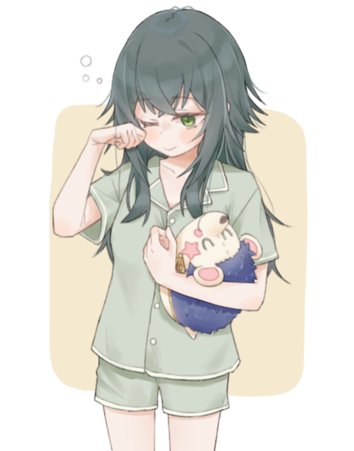 1girl collarbone commentary_request gakuen_idolmaster green_eyes green_hair green_pajamas green_shirt green_shorts hair_flaps hugging_object idolmaster komaki_(komaki0769) long_hair pajamas rubbing_eyes shirt short_sleeves shorts simple_background sleepy solo squeans stuffed_hedgehog thighs tsukimura_temari very_long_hair