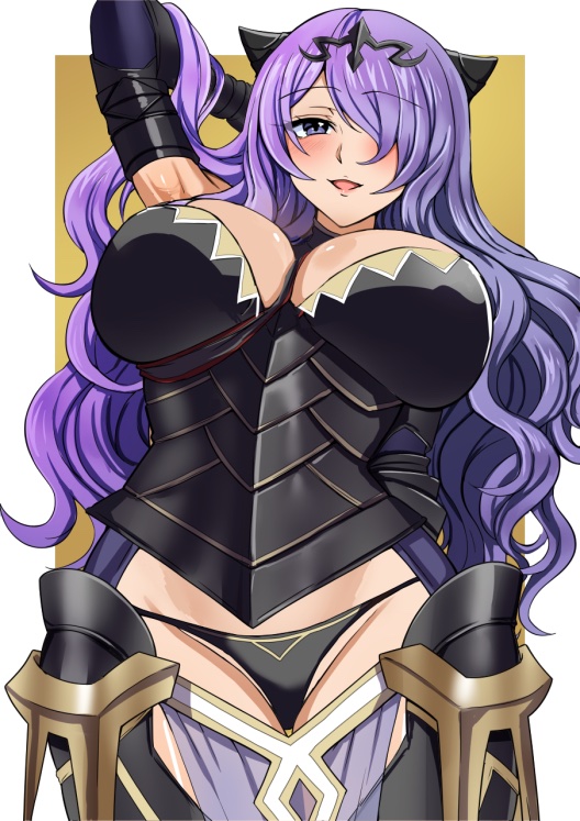 1girl armor blush border breasts camilla_(fire_emblem) cleavage fake_horns fire_emblem fire_emblem_fates hair_over_one_eye horns large_breasts long_hair looking_at_viewer nintendo open_mouth parted_bangs purple_eyes purple_hair simple_background smile solo tara_(szzj7733) tiara two-tone_background underwear wavy_hair white_border yellow_background